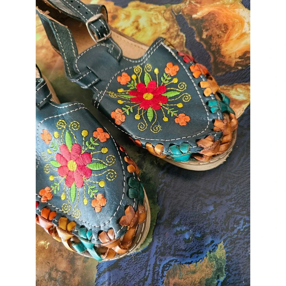 Mexican Huarache Sandals Teal Leather Floral Embroidered Woven Flats Womens 7 38